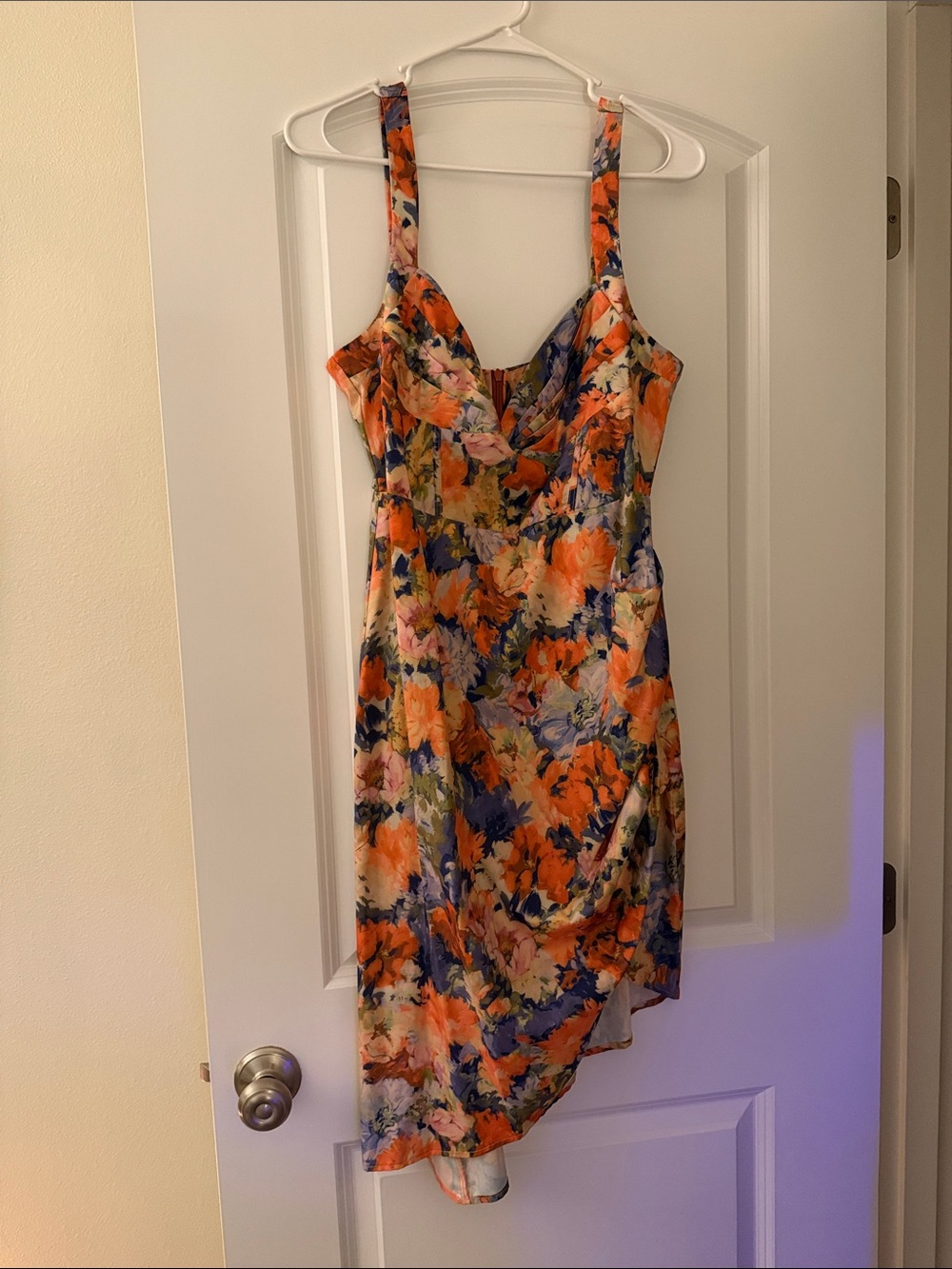 Floral Slip Asymmetrical Cocktail Dress with Orange & Blue Florals